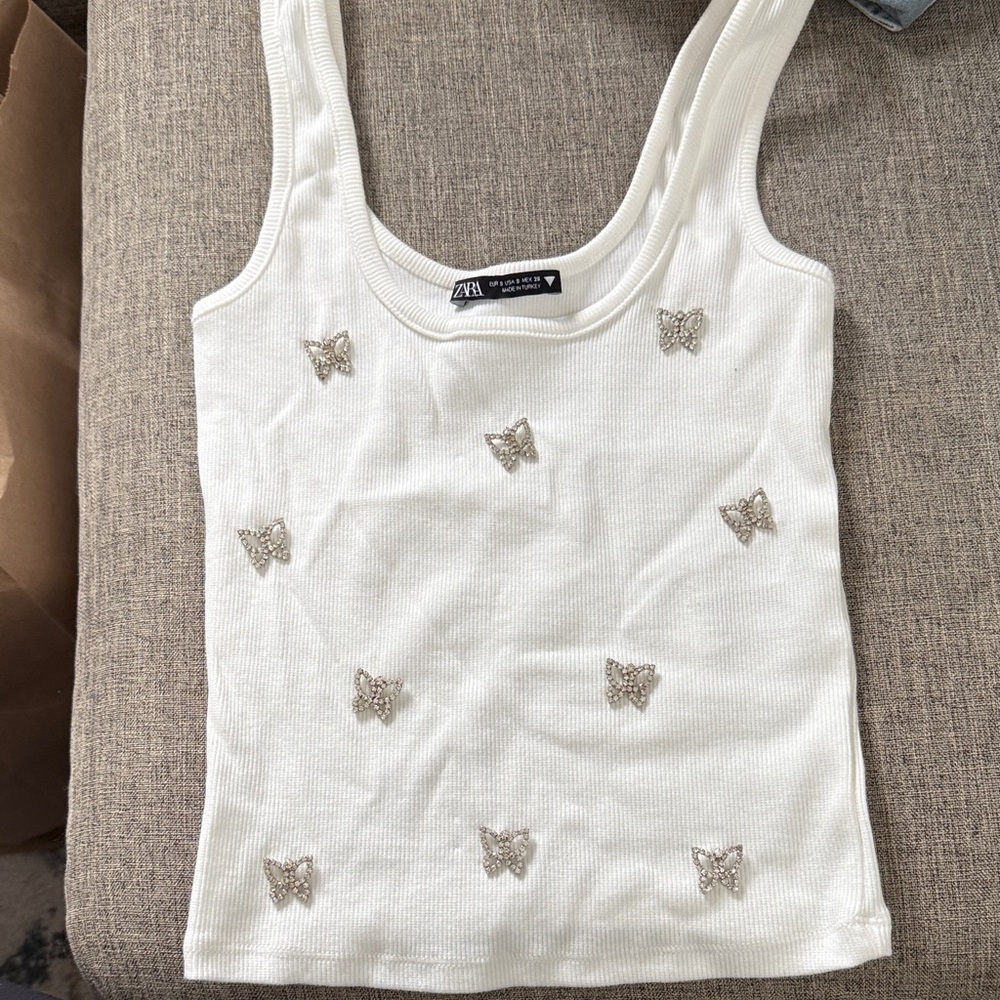NWOT Zara Ivory Tank Top with Silver Butterfly Details